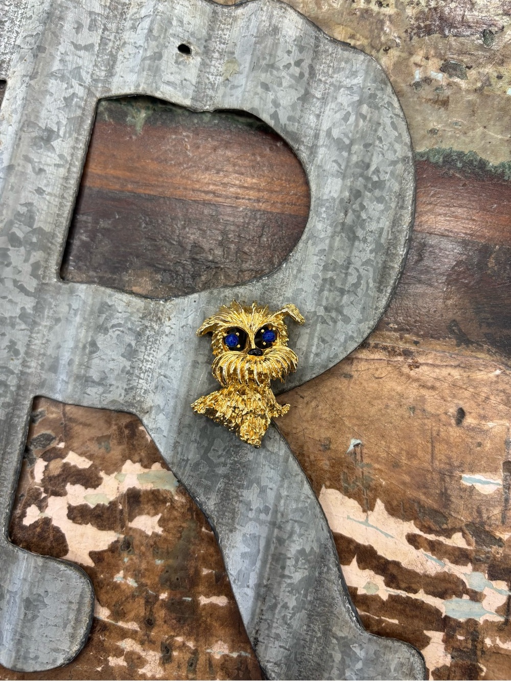 Panetta Vintage Terrier Gold-tone Dog Face Brooch with Blue Crystal Eyes